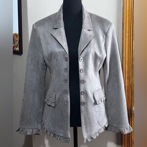 Ruffle accent faux suede blazer.  Light lavender/grey. Size S. Lined. NWT